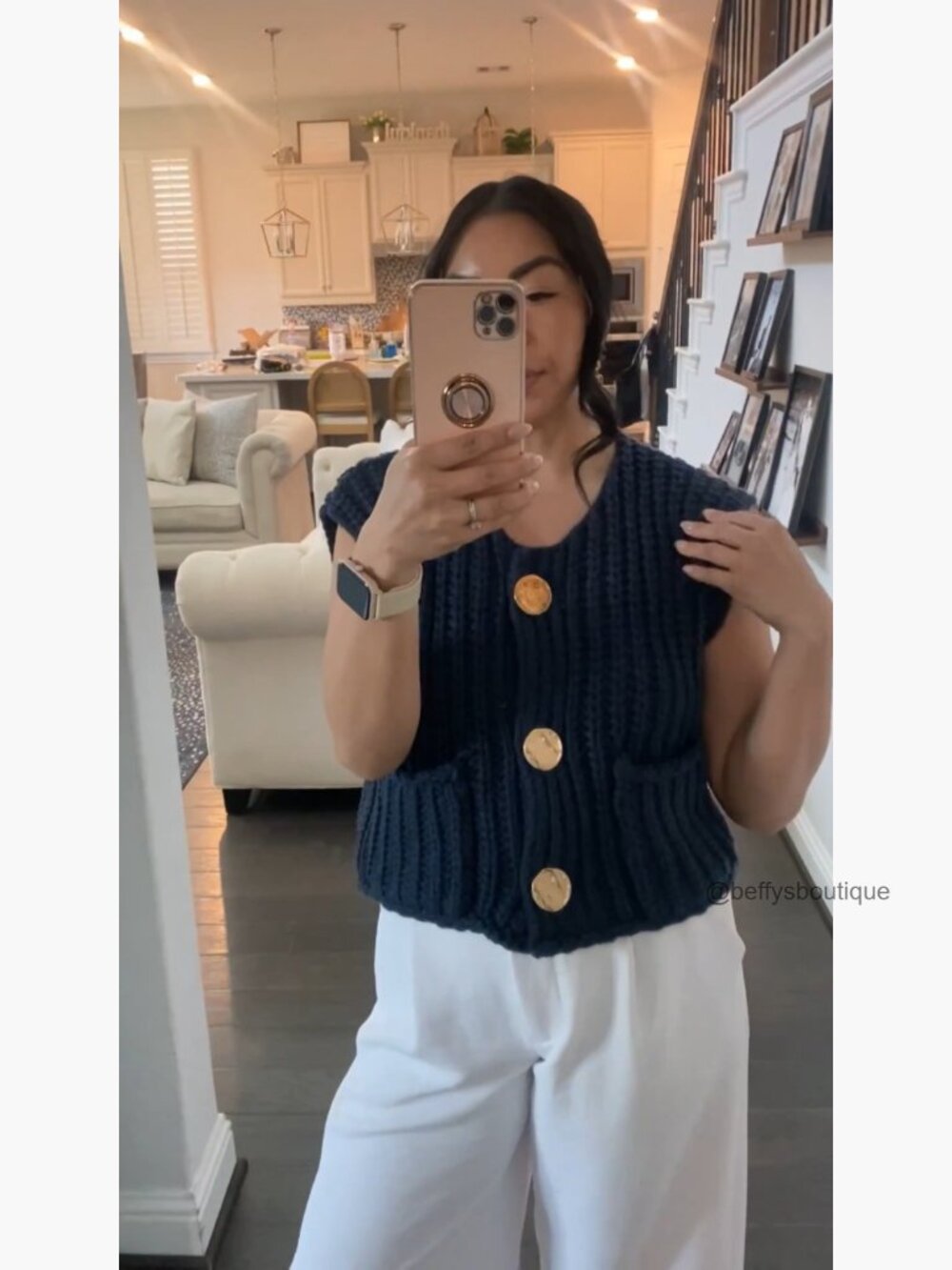 Crochet Chunky Knit Sleeveless Button Down Cardigan Vest Crop Top with Pockets - Picture 7 of 7